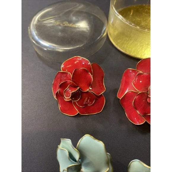 Vintage By Bohmer Red & Blue Enamel 3D Floral Clip-On Earrings Original Box - Picture 6 of 16
